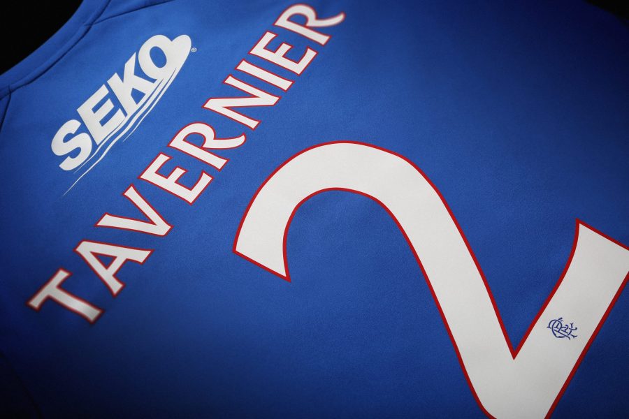 Image showing a blue Rangers FC jersey with the Rangers club font on the back manufactured by ID UNLIMITED