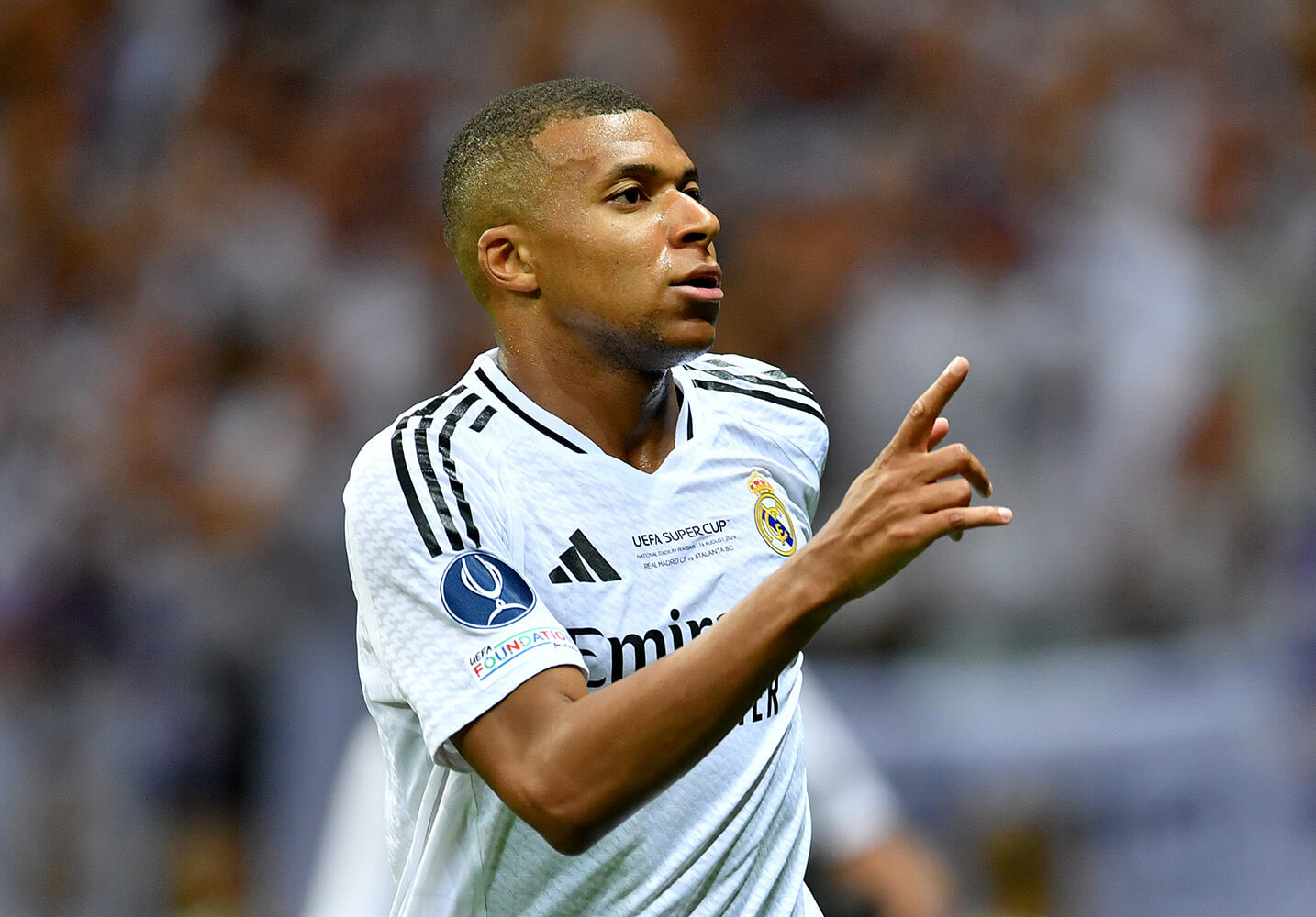 Image showing Mbappe celebrating with the UEFA Super Cup badge on his sleeve