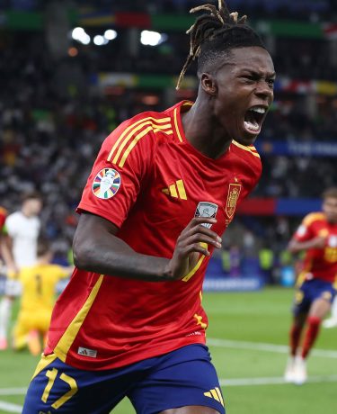 Image showing a Spanish footballer celebrating wearing the UEFA Eurp 2024 sleeve badge