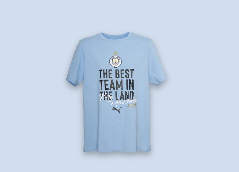 Image showing a Man City t shirt that says 'The best team in the land & all of europe'