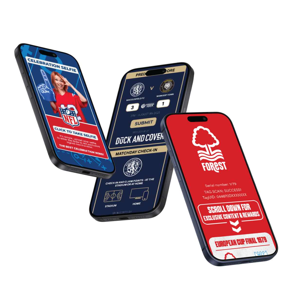 Image showing three phones showing devices with Tap In screens from ID UNLIMITED